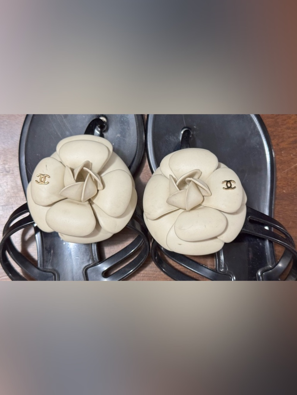 CHANEL Black Jelly Sandals with Cream Camellia Accents - Picture 5 of 5